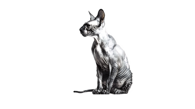 A hairless Sphynx cat posing confidently, isolated on white background, cut out 