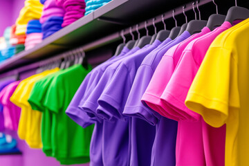 Colorful shirts displayed in a retail store setting