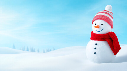 Fototapeta premium Snowman in a snowy landscape under blue sky
