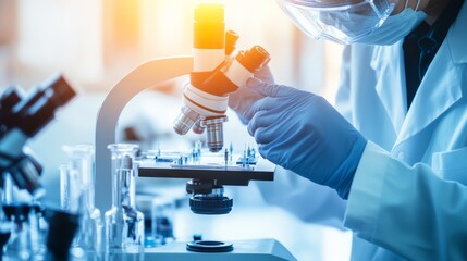 Researcher in a lab coat conducting safety testing procedures on a small device, wearing protective goggles and gloves, with a blurred background of lab equipment. 