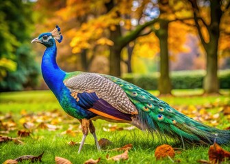 Obraz premium A majestic peacock strides through a park, its vibrant plumage a stunning contrast to the green grass.