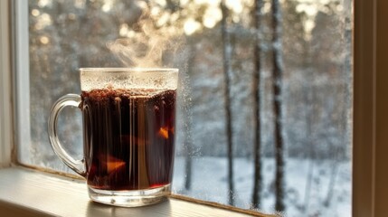 Warm Mulled Wine on a Frosty Windowsill Amidst Gently Falling Snowflakes