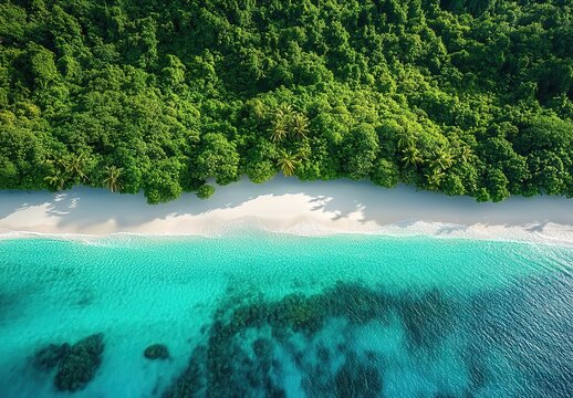  Aerial view of a beautiful tropical beach with white sand and turquoise water,