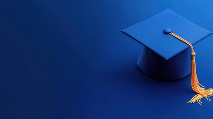 Blue graduation cap with tassel on a blue background. 