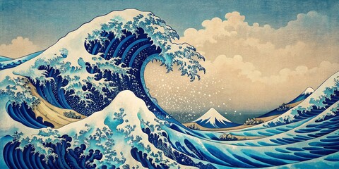 Retro Japan Blue Wave Square Wallpaper: Minimalist Japanese Traditional Background Illustration