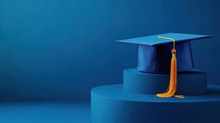 Blue graduation cap with tassel on a blue background. 