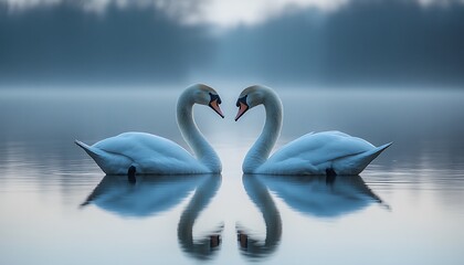 Two swans forming a heart shape on a misty lake.