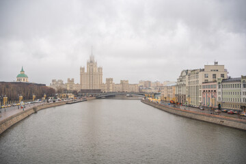 The Cityscape of Moscow, Russia, on a cloudy day, showing one of the skyscrapers known as the...