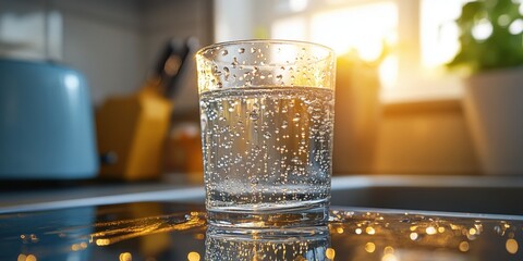 Sparkling water in glass on kitchen counter.