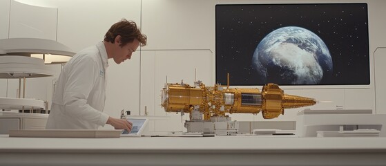A satellite construction lab where aerospace engineers assemble a communications satellite, with holographic interfaces guiding them through intricate designs. A nearby screen displays Earth 