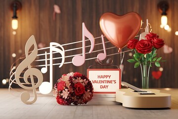 Romantic Valentines Day Scene With Music And Roses