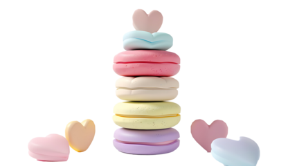 A stack of pastel-colored macarons with heart shapes, isolated on white background, cut out 