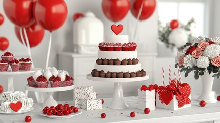 Romantic Celebration Setup with Red Balloons and Sweet Treats for Special Occasions