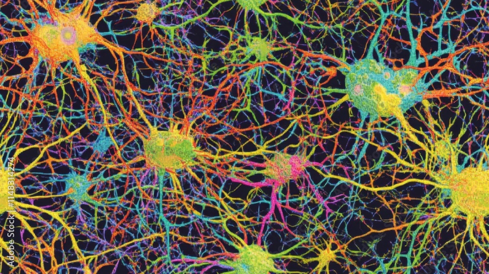 Poster Intricate Network of Colorful Neurites Illuminating Cellular Pathways in Vibrant Detail