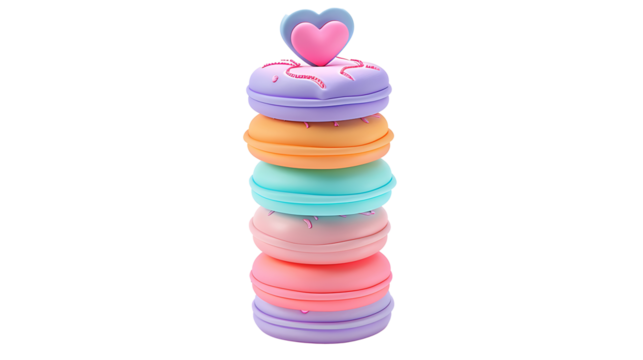 A stack of pastel-colored macarons with heart shapes, isolated on white background, cut out 