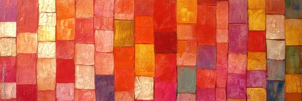 Poster Vibrant Geometric Patterns Create a Stunning Wall of Color in This Artistic Tapestry Display