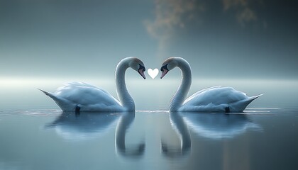 Two swans forming a heart shape with their necks on a calm lake.