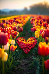 Obraz premium A field of tulips with a heart shaped arrangement of flowers in the middle