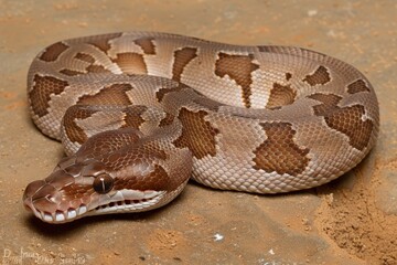 Obraz premium Python snake sunbathing on the ground desert environment wildlife photography close-up view reptile behavior
