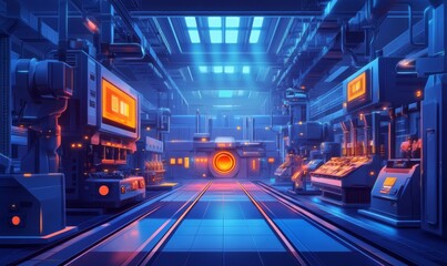 Naklejka premium Industry 4.0 smart factory interior showcases advanced automation, machinery, and robotics in a futuristic industrial setting. Innovation, engineering, and interconnected systems