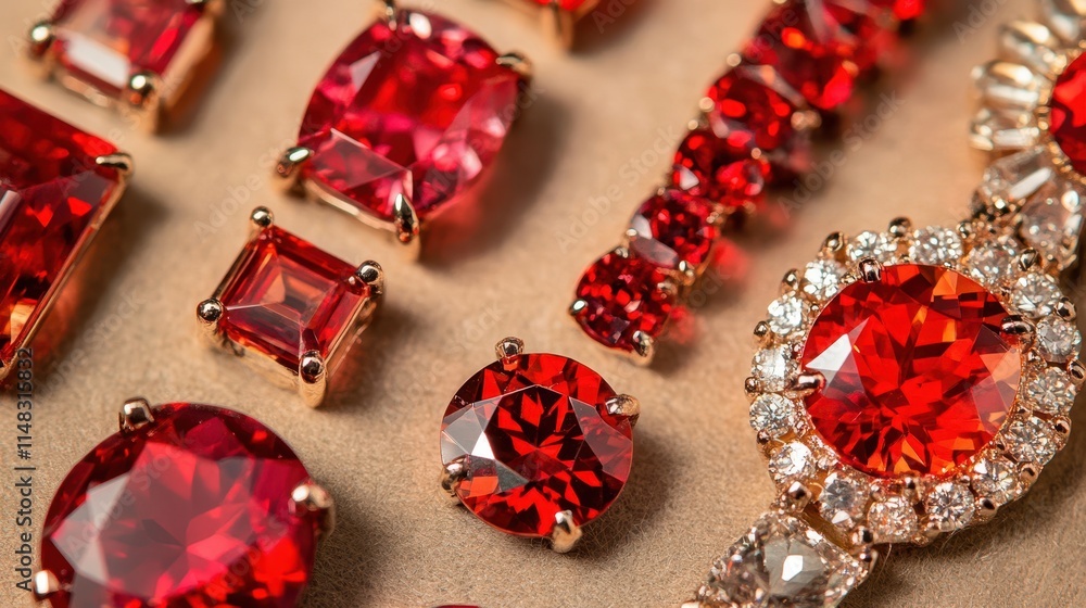 Poster elegant display of rubies and garnets showcasing their vibrant red hues and exquisite craftsmanship