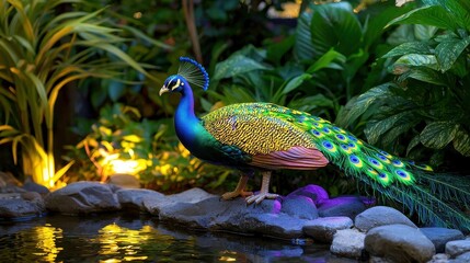 Naklejka premium Majestic Colorful Peacock Standing by a Tranquil Pond Surrounded by Lush Greenery and Plants