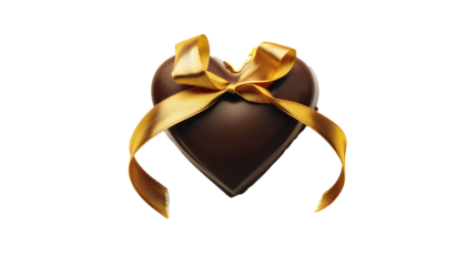 A heart-shaped box of chocolates with gold ribbon, isolated on white background, cut out