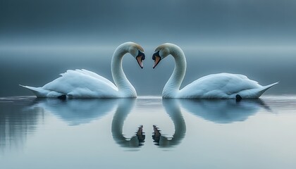 Two swans gracefully forming a heart shape in calm water.