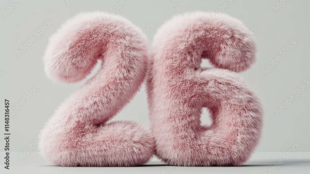 Poster Playful Fluffy Pink Number Display Against a Soft Gray Backdrop in a Whimsical Setting