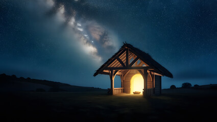 A serene and mystical wooden stable stands alone in the midst of a vast, dark blue starry night sky, with thousands of twinkling stars scattered across the celestial canvas, evoking a sense of wonder 
