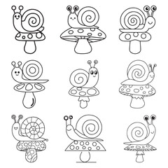 Cute cartoon snail on mushroom. Black and white vector illustration for coloring book