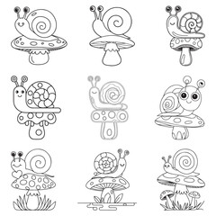 Cute Spring Snail and Mushroom Outline Coloring Page