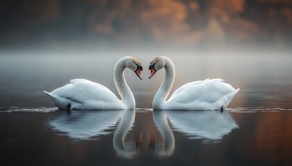 Obraz premium Two swans gracefully mirror each other on a serene lake.