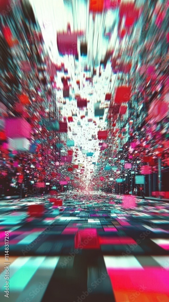 Poster distorted reality emerges with anaglyph glitches and pixel fragments in a chaotic digital landscape