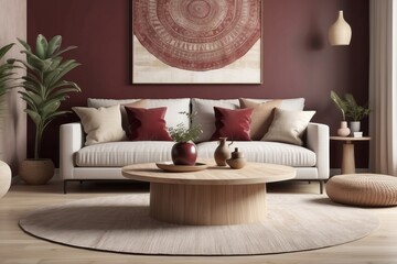 Bohemian Maroon And Beige Living Room Design With Round Wooden Coffee Table