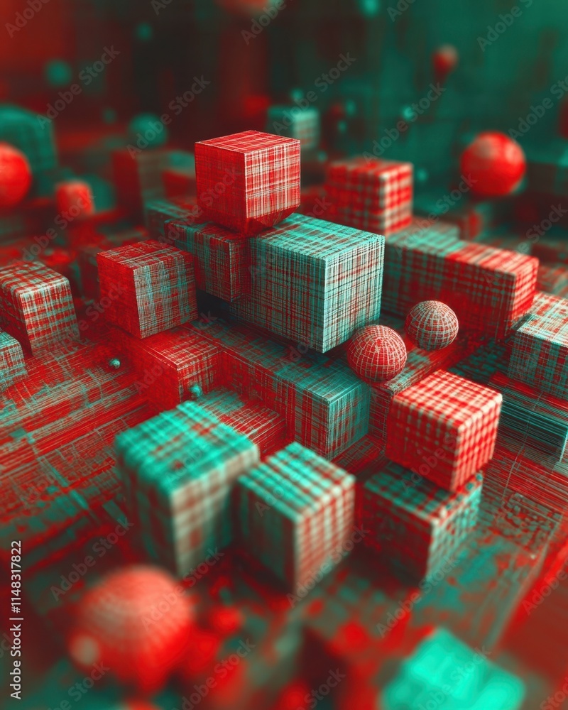Poster exploring the vibrant world of geometric shapes in red and cyan colors