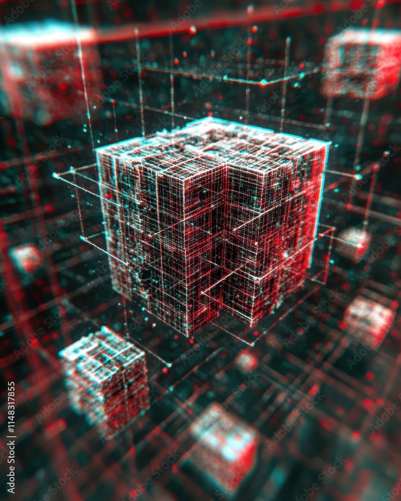 Poster Vibrant Geometric Abstraction With Red and Cyan Shapes in a Dynamic 3D Space