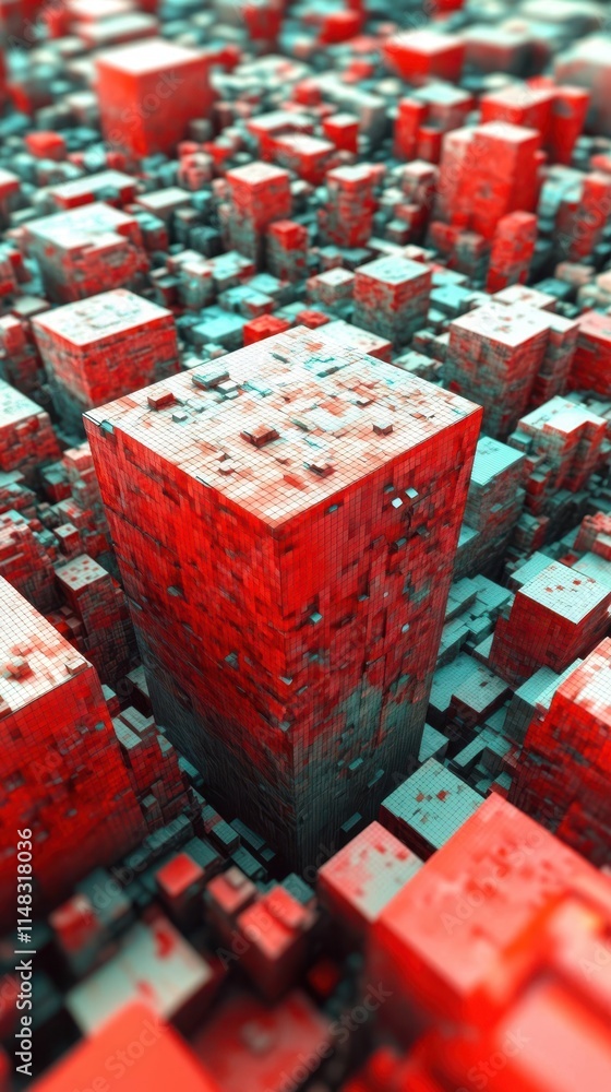 Poster vivid geometric forms create a vibrant interplay of shapes in striking red and cyan colors
