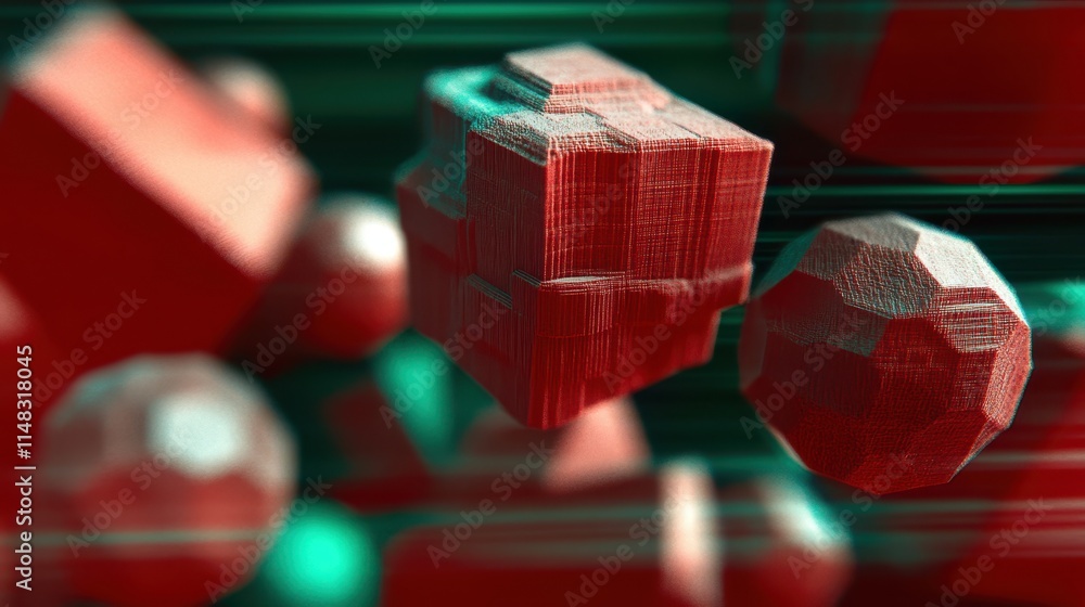 Poster vivid geometric play of red and cyan shapes creating a mesmerizing artistic composition