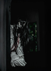 A female ghost was sticking her head out of the room door and staring in horror.