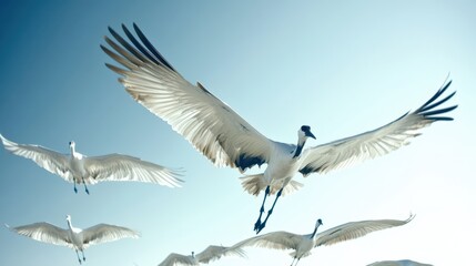 Obraz premium Flock of Cranes Soaring Across a Serene Blue Sky in Graceful Formation During Daylight Hours