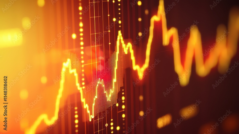 Poster a vibrant stock market chart showing upward trends with glowing lines and data points, representing 
