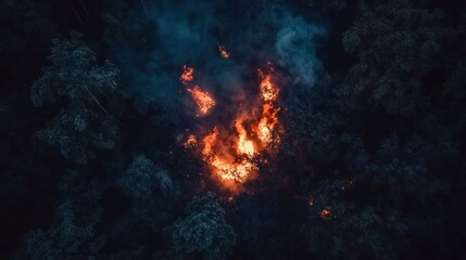 Aerial View of a Forest Fire at Night