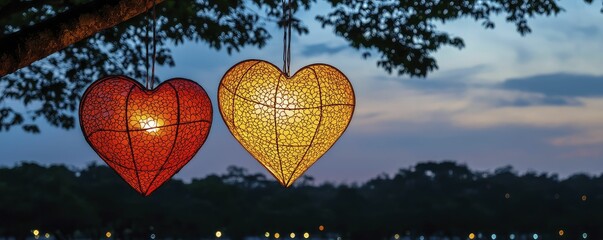 Fototapeta premium Heartfelt Glow: Two heart shaped lanterns hanging from a tree, illuminating the night with love and warmth.