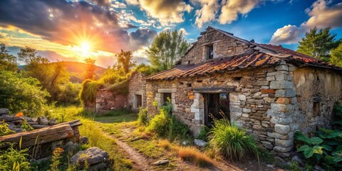 Fototapeta premium Rustic Rural Ruins Photography: Eerie Beauty of Abandoned Farmhouses, Decaying Structures, Overgrown Landscapes