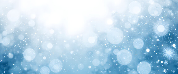 Fototapeta premium Snowflakes gently falling on a pristine snowy ground, with soft sun rays filtering through trees in the blurred background, creating a serene and magical winter wonderland atmosphere.