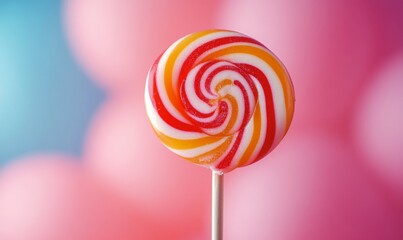 Colorful lollipop with stripes, unhealthy sweet candy on stick, dessert with sugar swirls, confectionery spiral and tasty treat