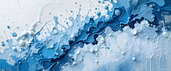 Ink painting in shades of blue and white, featuring silver accents, creates a stunning abstract design with organic shapes and textures, perfect for backgrounds and artistic projects.