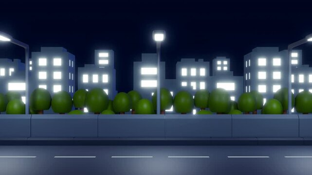 Seamless loop moving night city landscape with asphalt road, buildings and trees in bright cartoon style. 3d animation background for game.