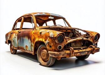 Rusty Wreck Car Scrap Metal Long Exposure Photography White Background
